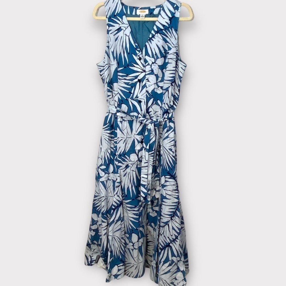 Talbots Palm Tropical Flare Maxi Dress Button Up Tie Sleeveless Blue White Sz 14